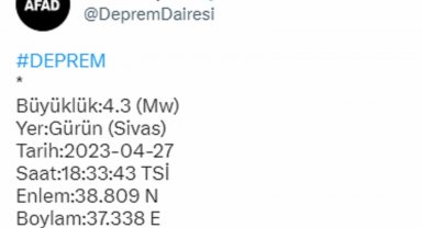 Sivas'ta 4,3 büyüklüğünde deprem