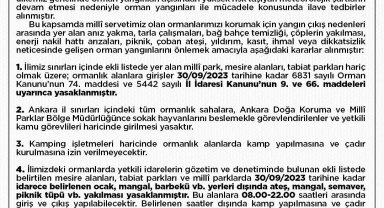 Ankara'da ormanlık alanlara girişler 30 Eylül'e kadar yasaklandı