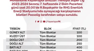 Kayserispor-Başakşehir maçının bilet fiyatları belli oldu