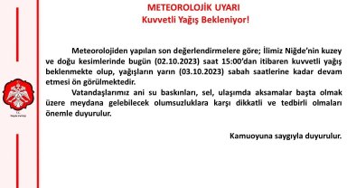 Niğde Valiliği Sağanak Yağış İçin Uyarıda Bulundu