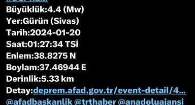 Sivas'ta 4.4 büyüklüğünde deprem