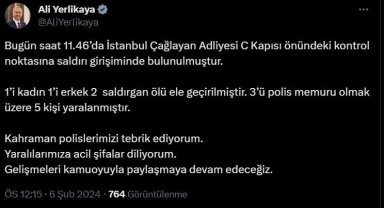 Bakan Yerlikaya, Çağlayan Adliyesine saldırıda bulunan 2 kişinin ölü ele geçirildiğini bildirdi