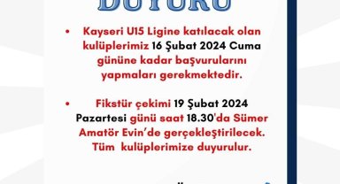 Kayseri U-15 Ligi fikstürü 19 Şubat'ta çekilecek