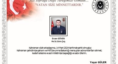 MSB'den Şehit Ercan Güven için başsağlığı mesajı