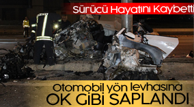 Otomobil yön levhasına ok gibi saplandı